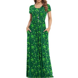 VIISHOW Women's Short Sleeve Floral Dress Loose Plain Maxi Dresses Casual Long Dresses with Pockets, Green Hat,Small