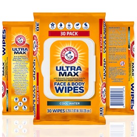 Arm and Hammer Face and Body Wipes for Adults - Deodorant Towelettes 30 Wipes for Men - Shower Sheets for Traveling, Camping, Gym, and Bathing - Alcohol-Free Face Sheets (Cool Water)