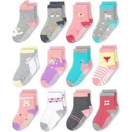 CozyWay Toddler Socks with Grips - Grip Socks for Kids - Soft Cotton Comfort & Non-Slip Soles - 1T-3T, 12-Pack, Pink & Purple