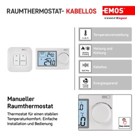 Emos Room Thermostat Manual Wall Thermostat for Heating Systems and Cooling Systems Thermostat/Room Temperature Controller with Adjusting Wheel, Transmitter + Receiver Set, 100 m Range, White