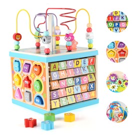 Qilay Wooden Baby Activity Cube for 1 2 3 Year Old Kids(Large), 5 in 1 Multipurpose ABC-123 Abacus Bead Maze Shape Sorter | Early Educational Toy for Toddlers - First Birthday Gifts for Boys Girls
