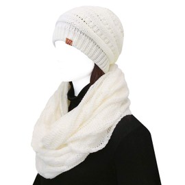 allydrew Soft and Chunky Thick Knitted Infinity Scarf and Beanie Set, White
