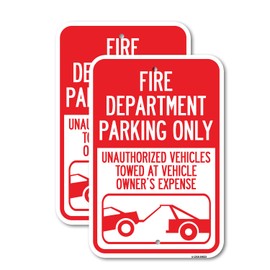 (2 Pack) Fire Department Parking Only Unauthorized Vehicles Towed at Owner Expense with Graphic | 18" X 24" Heavy-Gauge Aluminum Sign | Rust Free Aluminum, Weather Resistant, Waterproof