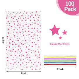 COQOFA 100 Pcs Pink Star 7"X12" Gift Wrap Cello Cellophane Treat Bags Party Favor bags Clear Candy Cookie Bags Plastic Poly Goodie Storage Bags with Twist Ties for Baby Shower,Gender Reveal, Birthday,
