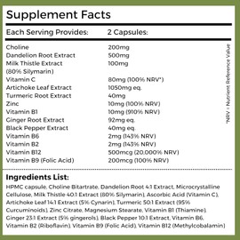 Milk Thistle 14-in-1 Liver Support Complex – 7986mg per Serving – with Dandelion Leaf, Artichoke Extract, Choline, Turmeric, Vitamins & Minerals – 80% Silymarin – 60 Vegan Capsules (not Tablets)