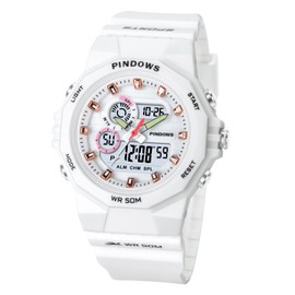 PINDOWS Women's Watch, 50M Water Resistant, Outdoor Digital Sports Watch, Multifunction, LED Backlight, Calendar, Alarm Watch, Stopwatch, white, Classic