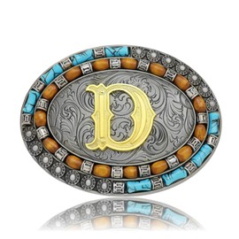 Yjfeshion Western Belt Buckle Golden Initial Letter ABCJMR to XYZ Vintage Turquoise Cowboy Belt Buckles for Men Women D