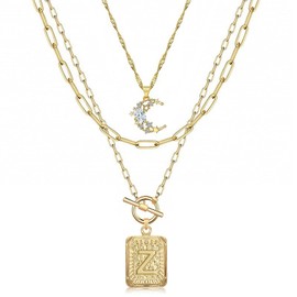 MJartoria Layered Initial Necklaces for Women Trendy, 14K Gold Plated Simple Moon Choker Square Letter Pendant Necklace, Paperclip Chain Necklace, Gold Necklaces Jewelry Gifts (Gold, Z)