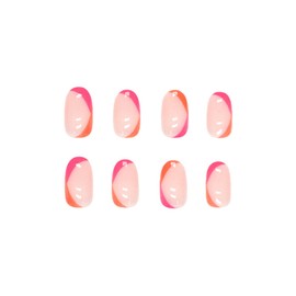 JUSTOTRY 24 Pcs Almond False Nails Short, Red and Orange French Fake Nails with Wavy, Nude French Stick on Nails Short, Oval Press on Nails for Women, Nails Fake Nail with Glue for Nails Art