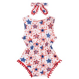 2T Girls American Flag One Pieces for Infants Novelty Navy Blue Stars Graphics Rompers 2 Years Old Newborn Lace Pom Pom One Piece Playsuits with Tassel Kids Snap Buttons Casual Bodysuits, 18-24 Months