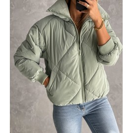 Newffr Womens Quilted Cropped Puffer Jacket Long Sleeve Full Zipper Pocketed Warm Short Bubble Coats