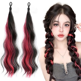 mefeny Hair Extensions for Kids, Ponytail, 2 Pieces, Mesh, Long, Curly Hair, Heat Resistant, Elastic Included, For Women Braid Bun Dance, Red