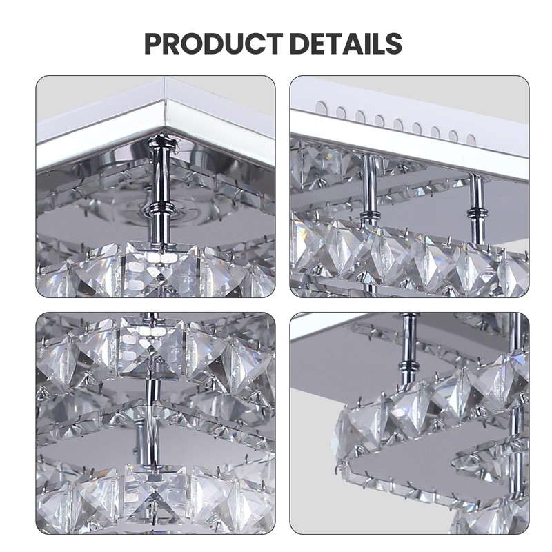 FRIXCHUR Dimmable Crystal Chandelier Ceiling Light with Remote Square Led