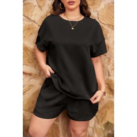 Imily Bela Womens Loungewear Set Short Sleeve Tops and Shorts 2 Piece Outfits Plus Size Oversized Pajama Set with Pockets Black