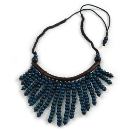 Avalaya Statement Dark Blue Wooden Bead Fringe Black Cotton Cord Necklace - Adjustable