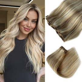 Highlights Weft Hair Extensions Human Hair, Brown Colored Sew in Hair Extensions Brown Fading to Blonde Weft Extensions Real Human Hair Platinum Blonde Sew in Human Hair Bundles 100g