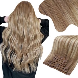 Moresoo Clip-In Real Hair Extensions Light Brown Blonde Real Hair Extensions Clip 50 cm 150 g Full Head Double Weft Extensions Real Hair Clip in 7 Pieces Colour #8/22/8