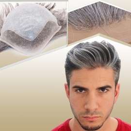 Lishy Mens Toupee European Human hair Replacement for Men Hairpiece Swiss Lace Front 0.08mm Thin Skin PU All V-looped Man Wigs 10x8inch 1B Mixed 50% Grey White Hair