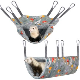 Bienbee 2 Pcs Ferret Rat Hammock Set for Cage Washable Guinea Pig Hideout Bed Soft Small Animal Hammock Tunnel Toys Ferret Cage Accessories for Hedgehog Sugar Glider Squirrel Hamster, Grey Mushroom