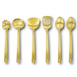 HOOZ 6-Piece Kitchen Utensil Set, Stainless Steel Kitchenware Set, Kitchen Utensil Includes 1 x Soup Ladle, 2 x Spatulas, 1 x Slotted Spoon, 1 x Spaghetti Spoon, 1 x Serving Spoon (Gold)