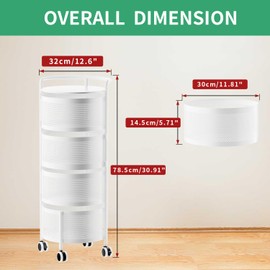 JAQ Rotating Storage Carts No Assembly, 4-Tier Round Storage Basket Rack Shelf Organizer on Rolling Wheels for Fruit Vegetables Grocery Corns Potato Onion Snack in Kitchen Pantry (4-Tier, White)