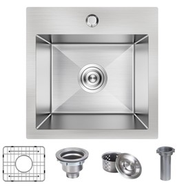 15 x 15 Inch Drop In Bar Sink, Small Kitchen Sink Single Bowl Topmount Bar Prep Sink 18 Gauge Stainless Steel Bar Sink with Grid and Basket Strainer