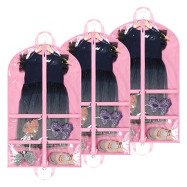 Syeeiex 40 Inch Clear Dance Garment Bags for Costumes with 4 Clear Zipper Pockets,Foldable Portable Garment Bags for Dance Competitions,3 Pack,Pink