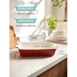 DOWAN 9x13-inch Deep Casserole Baking Dish for Lasagna, 135 oz Ceramic Pan with Handles, Oven Safe for Baking and Home Decor, Red