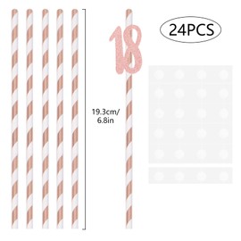 Pack of 24 Birthday Straws, 18th Birthday Straws Rose Gold Paper Straws for Birthday Party, Anniversary Party