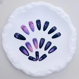 LWTZLW Fall Flower Press on Nails Short Square Fake Nails Gradient Full Cover Glue on Nails Black Purple Design Oval Acrylic False Nail Autumn Glossy Artificial Nail Reusable for Women