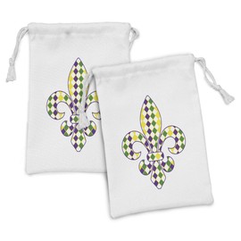 Ambesonne Mardi Gras Fabric Pouch Set of 2, Fleur De Lis with Traditional Festival Pattern Venetian Vintage, Small Drawstring Bag for Toiletries Masks and Favors, 9" x 6", Purple Green Yellow
