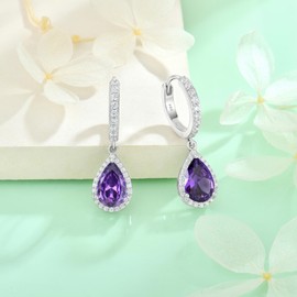 Starchenie 925 Sterling Silver Teardrop Hoop Earrings Amethyst Birthstone Cubic Zirconia Hypoallergenic Dangle Earring Jewellery Gifts for Women