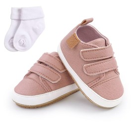 YUEWELUKY Baby Boys Girls Sneakers PU Leather Shoes Soft Rubber Shoes Anti-Slip Moccasins Prewalkers Shoes First Walking Crib Shoes with Socks Pink