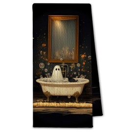 ChissNook Halloween Ghost Black Cat Decor Bathroom Hand Towels, Spooky Vintage Dark Academia Whimsigoth Halloween Decorative Hand Towel for Bathroom Washroom Restroom, 16x24 Inch