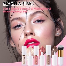 3 Pack Liquid Contour & Highlighter & Blush with Brush, Liquid Contour Bronzer Blush Stick Beauty Wand for Cheeks Eyes Lips Face, Long Lasting Waterproof Highlighter for All Skin Type (Set A)