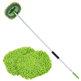 VEVOR Car Wash Brush, 62-Inch Extendable Car Washing Brush with Long Handle, Soft Chenille Fiber Car Wash Mop Mitt, 180° Rotatable Car Cleaning Brush with 1 Replacement Mop for Car, RV, Window, Floor
