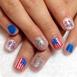 24Pcs 4th of July Press on Nails Short Square Nails Independence Day Fake Nails with Glitter American Flag Acrylic Nails Red Blue White Patriotic False Nails Fireworks Stick on Nails for Women Girls