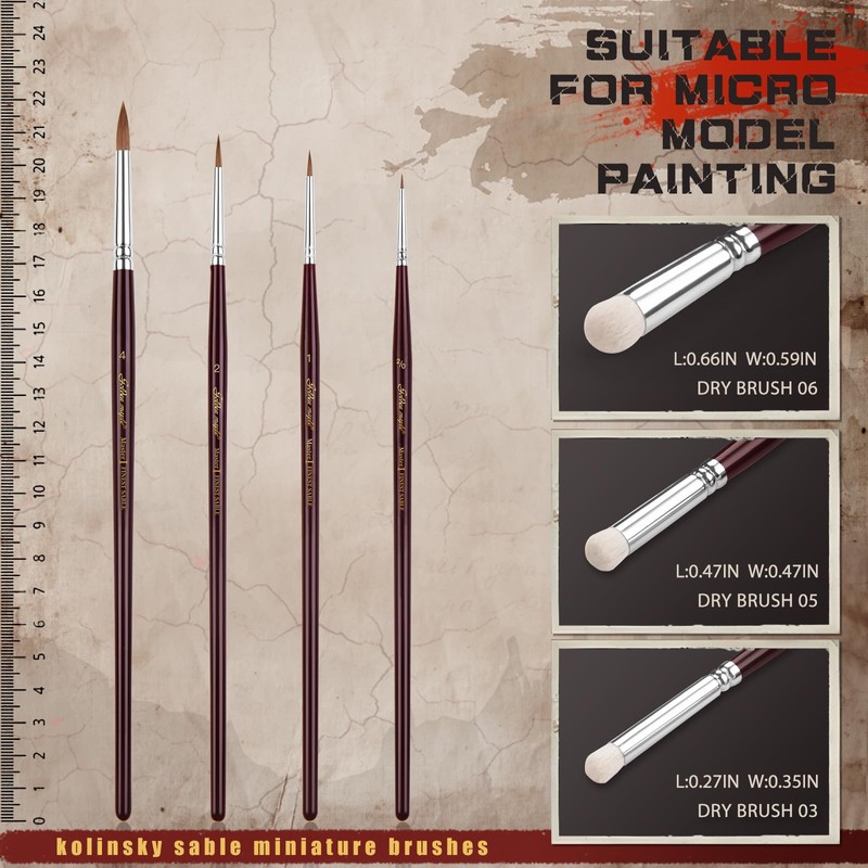 Kolinsky Sable Miniature Brushes, Drybrushes for Miniature Set, 7 Pieces,