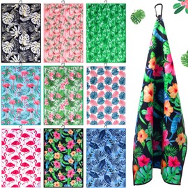 Fanfanwin 9 Pcs Golf Towel Bulk 24 x 16 Inches Microfiber Waffle Towel with Clip Tri Fold Portable Rag Accessories for Golf Bag Mini Tournament Club Yoga Fitness Remove Sand Mud Dirt Sweat(Hawaiian)