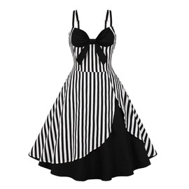Women Spaghetti Straps 50s Vintage Stripes Cocktail Party Swing Dress Sleeveless Color Block Retro 1950s Audrey Hepburn Rockabilly Prom Tea Dress Wedding Fit Flare A Line Midi Dress Black-Stripes XL