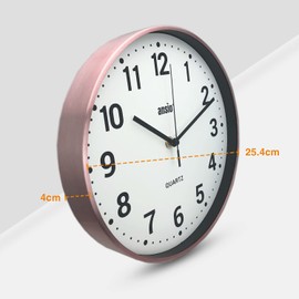 ANSIO Wall Clocks 10 inch/25.4cm For Living Room Modern, Large Wall Clock Ideal for Bedrooms, Kitchen, Office, Bathroom - Rose Gold Frame, White Background and Black Numbers, Silent Wall Clock