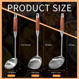 GIWOSK 304 Stainless Steel Wok Utensils Set, 3-Piece 15 Inch Extra Long Professional Wok Tools with Wooden Handle, Includes Spatula, Skimmer & Soup Ladle for Carbon Steel Wok