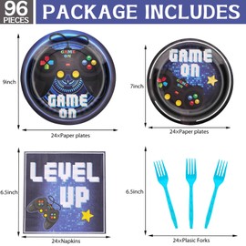 DTDO 96 Pcs Video Game Party Supplies Blue Paper Plates Napkins Forks Gaming Theme Birthday Party Decorations Gameday Birthday Disposable Dinnerware Tableware for Boys Girls Serves 24