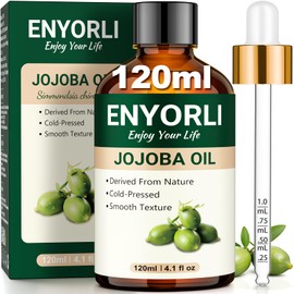 ENYORLI Jojoba Oil 120 ml Cold Pressed & Vegan 100% Natural - Moisturising Face Oil, Body Oil & Hair Oil - Hexane-Free, Ideal for Massage, Skin Care & Makeup Removal Including Scale Pipette