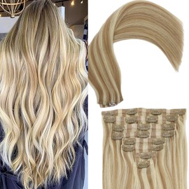 Eufficco Seamless Clip in Hair Extensions Remy Human Hair, 18 Inch 120G, Piano Color Dirty Blonde with Bleach Blonde Highlights, Invisible PU Clip In Hair Skin Weft Human Hair Extensions