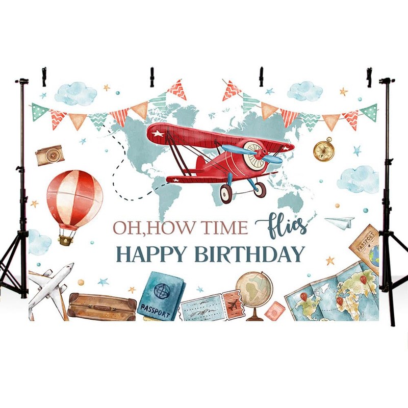 AIBIIN 7x5ft Time Flies Birthday Decoration Backdrop Airplane Birthday Backdrop