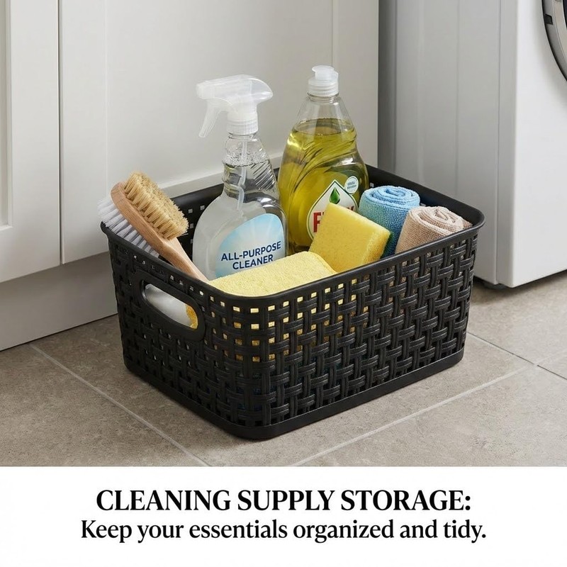 8 Pack Black Storage Baskets, Plastic Woven Organizer Baskets, Stackable