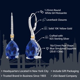 Gem Stone King 12-22 Cttw Gemstone Birthstone and White Moissanite Teardrop Drop Dangle Earrings For Women | 925 Sterling Silver and 10K Yellow Gold | Pear Shape 16X12MM