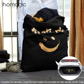 IHOMAGIC Laundry Bag 2 Pack Extra Large 100L, Foldable Storage Bag with Drawstring Cord Lock Closure - Nylon Dirty Clothes Bags for Bedroom Home, Dormitory, Travel, Jumbo Size Bag (Black - Smile)