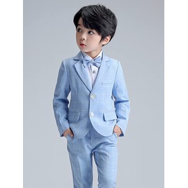 LOLANTA Little Boys Suit Wedding Ring Bearer Outfit Kids Suit Set, Plaid Blazer Suit Pants Bow Tie (Blue 2T-3T)